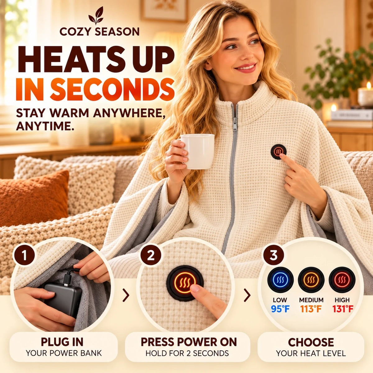 Heats up in seconds - plug in, press power, choose 3 heat levels